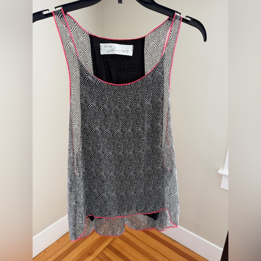 Vintage Havana Black & White Geometric Camisole with Pink Trim